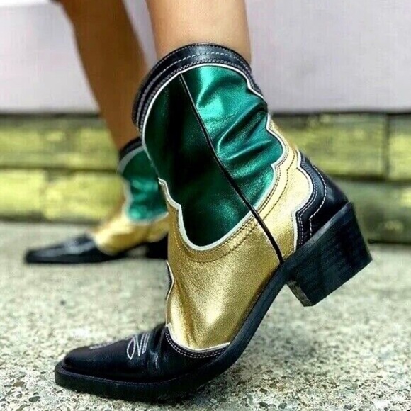 ZARA METALLIC LEATHER RUNWAY GREEN GOLD BLACK COWBOY Boots - Picture 1 of 7
